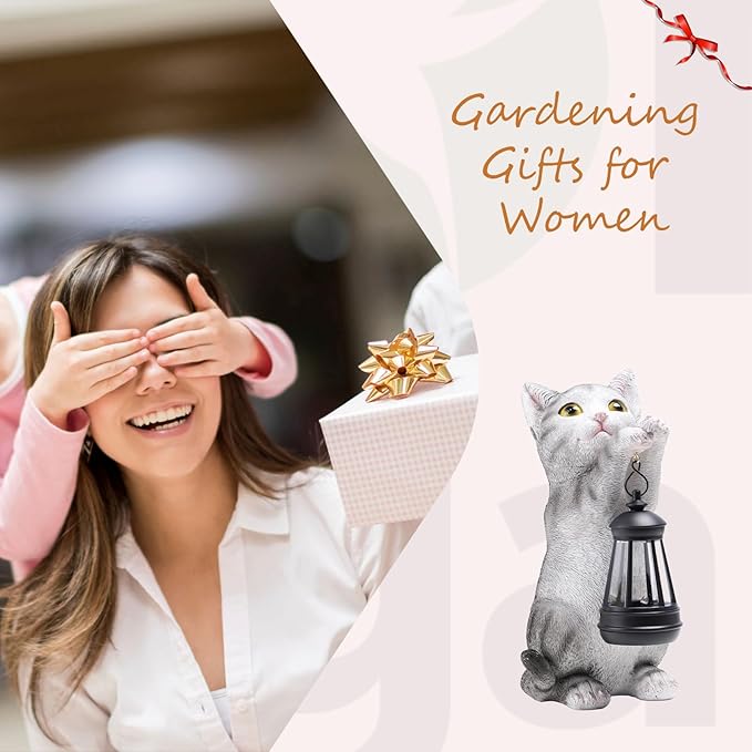 British Shorthair Cat Solar Garden Statue with Lantern - Weather-Resistant Resin Decor
