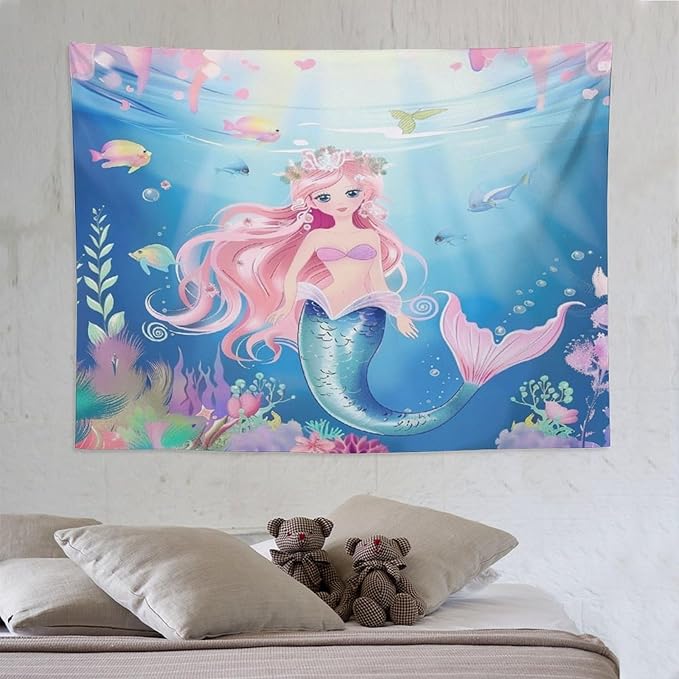 Mermaid Princess Wall Tapestry – 80" x 60" Large Watercolour | Wide Feature Wall Statement | Girls Bedroom Living Room Dorm | Wall Hanging