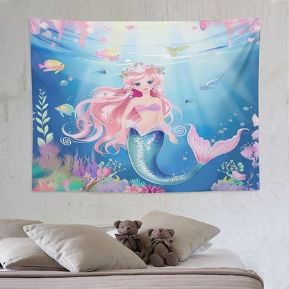 Mermaid Princess Wall Tapestry – 80" x 60" Large Watercolour | Wide Feature Wall Statement | Girls Bedroom Living Room Dorm | Wall Hanging