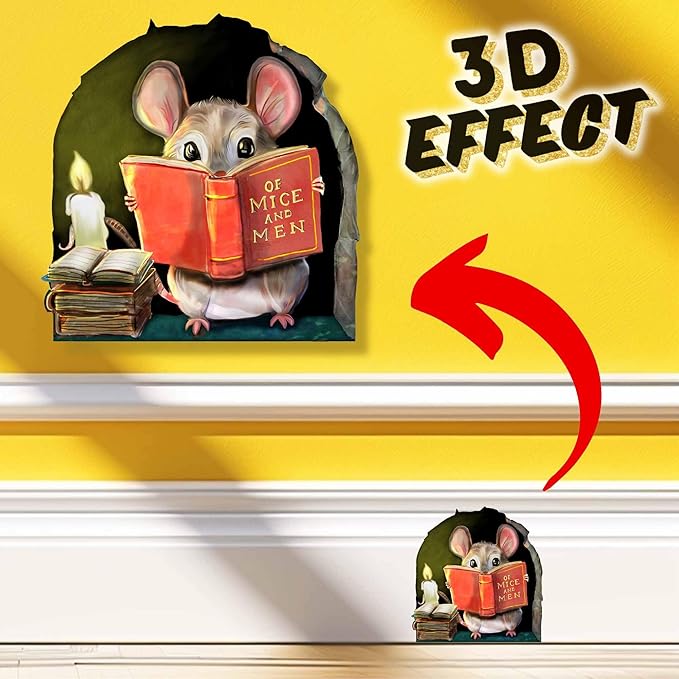 Mouse reading wall sticker with 3D effect: mouse holding red book in arched green shape