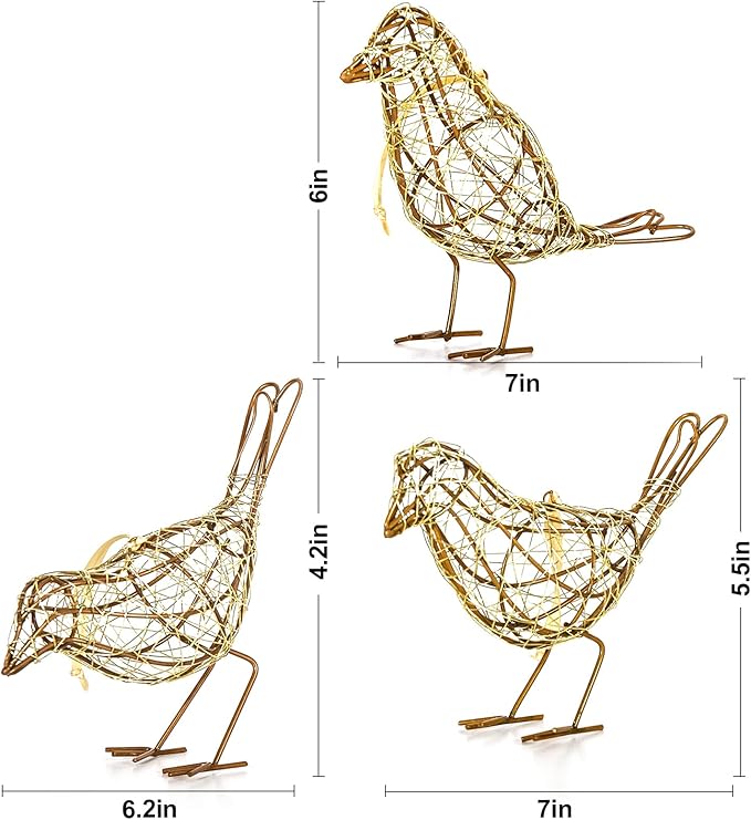 Artisan Gold Wire Bird Statues Trio - Handcrafted Metal Bird Figurines for Home, Office, and Shelf Decor
