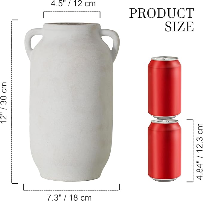 White ceramic vase with side handles, shown in full with size dimensions