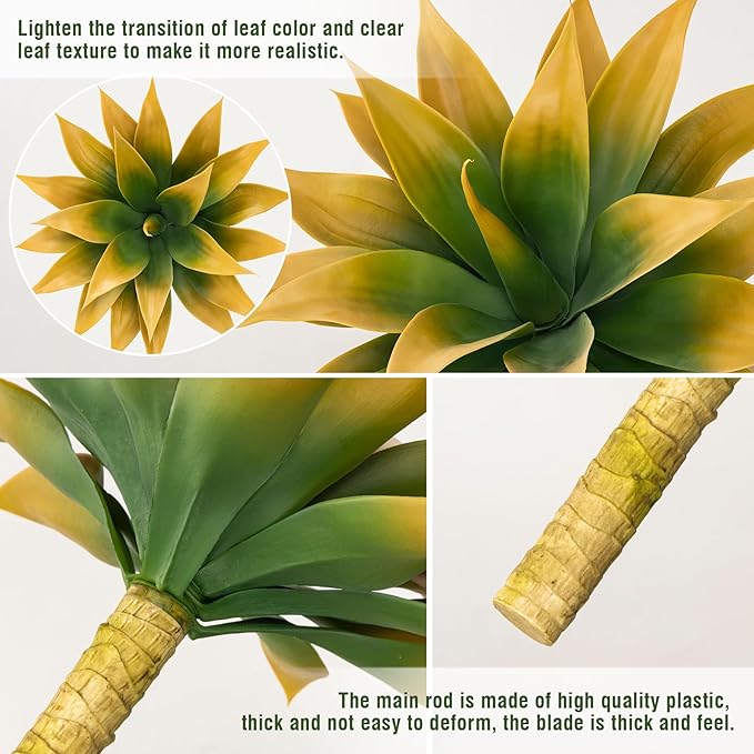 Yellow-green faux agave plant close-up with spiky leaves and textured trunk