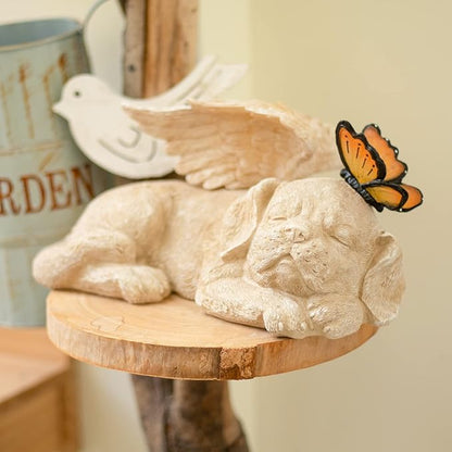 Sleeping Puppy Angel Memorial Statue with Solar Light - Resin Dog Memorial Sculpture with Butterfly for Garden, Lawn, Patio, and Indoor Remembrance