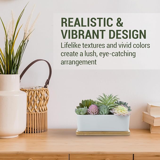 White ceramic planter with assorted faux succulents and removable bamboo tray