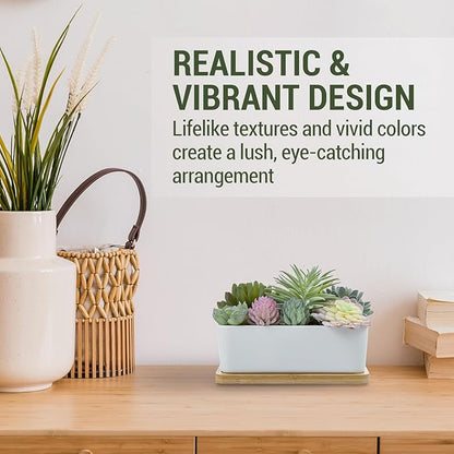White ceramic planter with assorted faux succulents and removable bamboo tray