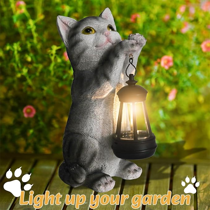 British Shorthair Cat Solar Garden Statue with Lantern - Weather-Resistant Resin Decor