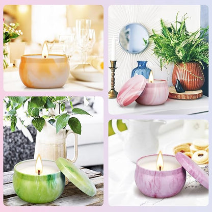 Assorted scented soy candles in orange, pink, green, and lavender jars with flames