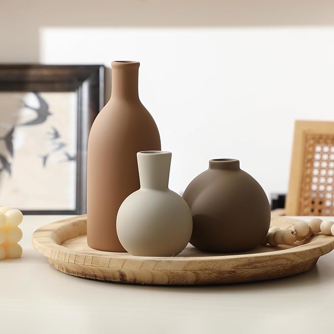 Ceramic vase set of 3 with matte tan and cream vases, tall and rounded forms