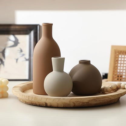 Ceramic vase set of 3 with matte tan and cream vases, tall and rounded forms