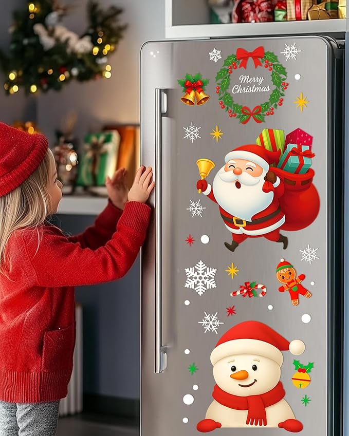 Christmas window cling stickers of Santa, elf, wreath, and snowflakes on glass
