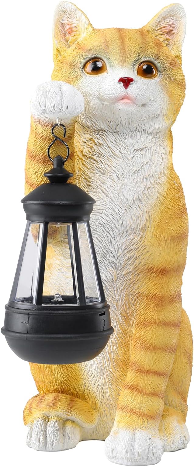 Cat Solar Garden Statue with Lantern - Waterproof Resin Outdoor Decor