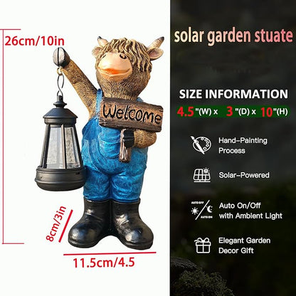 Solar Highland Cow Garden Statue with Lantern and Welcome Sign - Farmhouse Resin Outdoor Decor