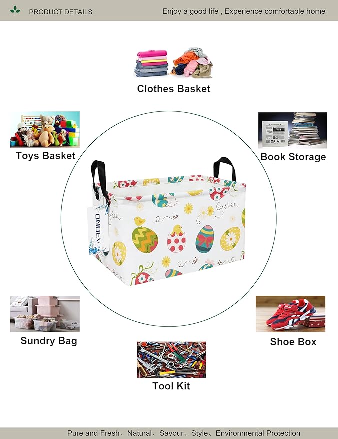 Easter Eggs Canvas Storage Hamper Basket - Foldable Waterproof Easter Egg Hunt Bin for Kids, Easter Gifts, and Spring Hamper Building