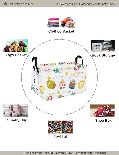 Easter Eggs Canvas Storage Hamper Basket - Foldable Waterproof Easter Egg Hunt Bin for Kids, Easter Gifts, and Spring Hamper Building