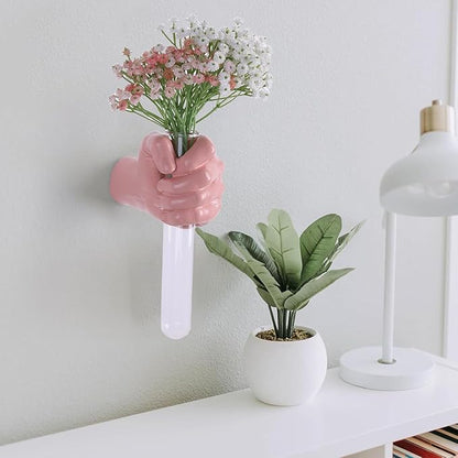 Pink Hand Wall Vase Sculpture - Modern Resin Wall Art with Test Tube Vase for Flowers, Plants, and Decorative Branches