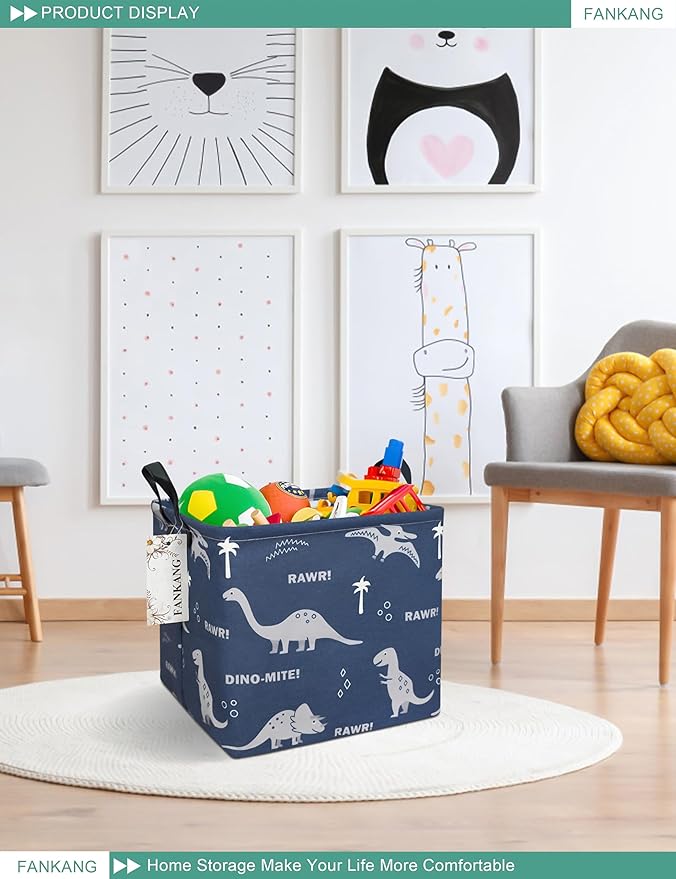 Dinosaur Canvas Storage Bin - Foldable Waterproof Navy Dino Basket for Boys Room, Toys, and Kids Gifts