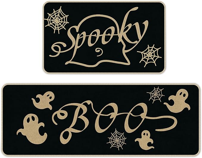 Set of 2 black Halloween kitchen rugs with gold ghosts and spider web designs
