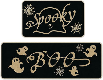 Set of 2 black Halloween kitchen rugs with gold ghosts and spider web designs