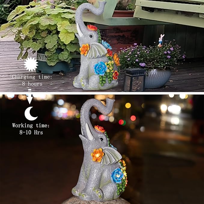 Solar Elephant Garden Statue with 8 LED Lights - Waterproof Resin Outdoor Decor