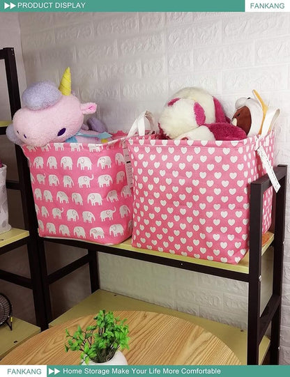 Pink Heart Canvas Storage Bin - Foldable Waterproof Nursery Basket for Girls Room, Hamper Gift Building, and Sweet Gift Giving