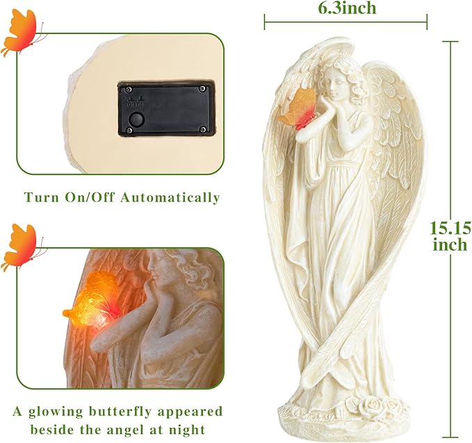 Large Solar Angel Garden Statue with Glowing Butterfly - Resin Outdoor Lawn and Patio Decor