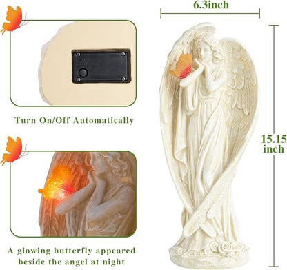 Large Solar Angel Garden Statue with Glowing Butterfly - Resin Outdoor Lawn and Patio Decor