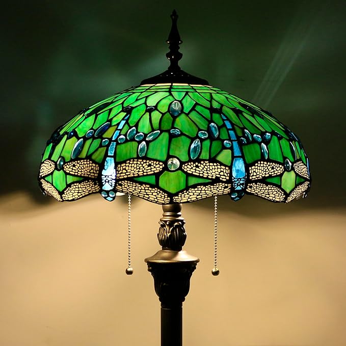 Green stained glass floor lamp with bronze base, dome shade, and hanging pull chains