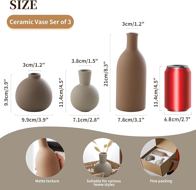 Ceramic vase set of 3 with matte tan, white, and dark brown vase shapes