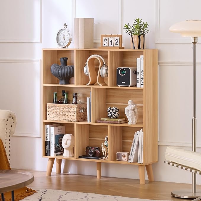Natural Oak 8-Cube Wide Bookshelf with Wood Legs - Mid-Century Boho Bookcase for Living Room, Home Office, and Every Grown-Up Interior That Has Run Out of Places to Put Its Books