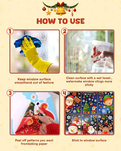 How-to instructions for Christmas window cling stickers: clean, apply, and smooth steps