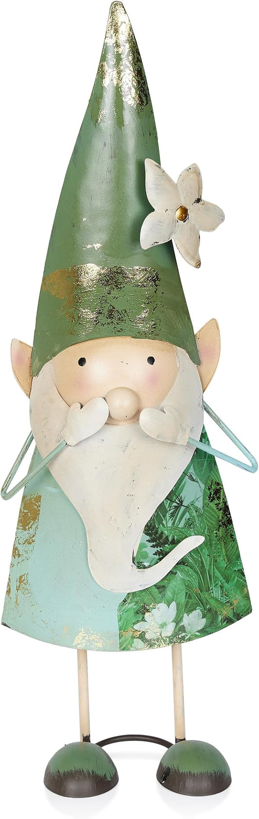 Outdoor garden metal gnome yard decoration with green cone hat, white beard, and flower