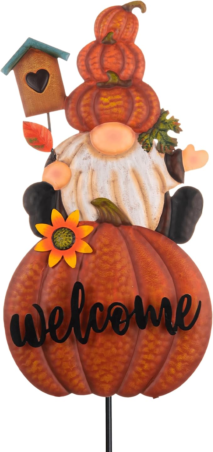 Fall gnome welcome pumpkin yard sign stake, orange metal with sunflower