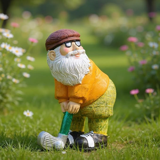Garden gnome statue in orange shirt and green patterned pants, holding a golf club
