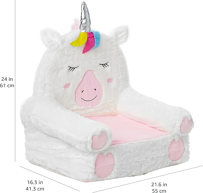 White unicorn plush toddler chair, pink inner cushion and heart-shaped side pads, rainbow mane