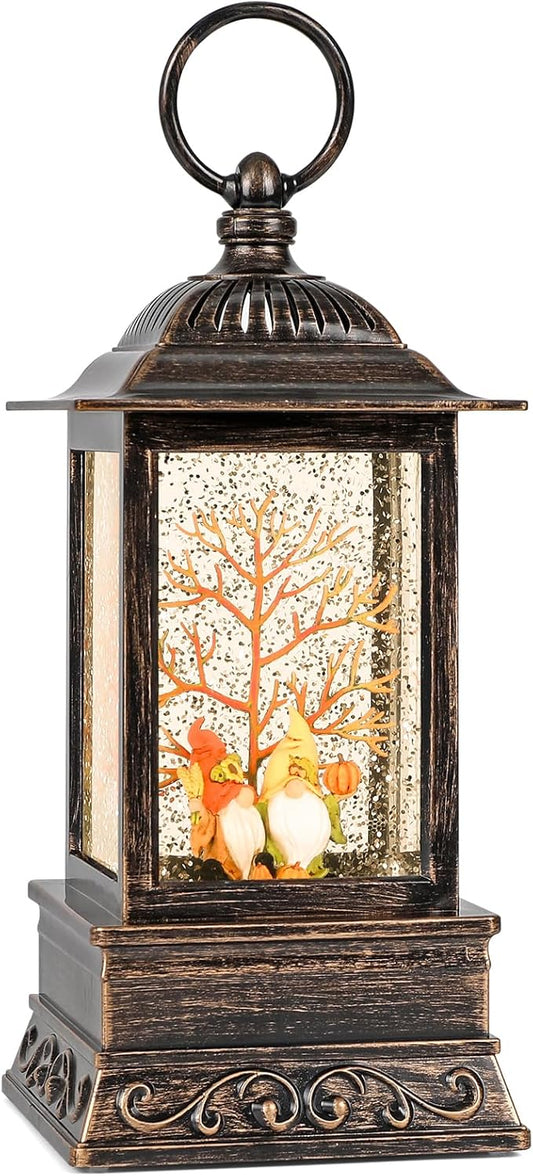 Glittering snow globe lantern with gnome scene and resin animal figures, dark distressed finish.