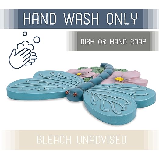 Teal blue dragonfly resin stepping stone with embossed wings and pink flower details