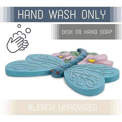 Teal blue dragonfly resin stepping stone with embossed wings and pink flower details