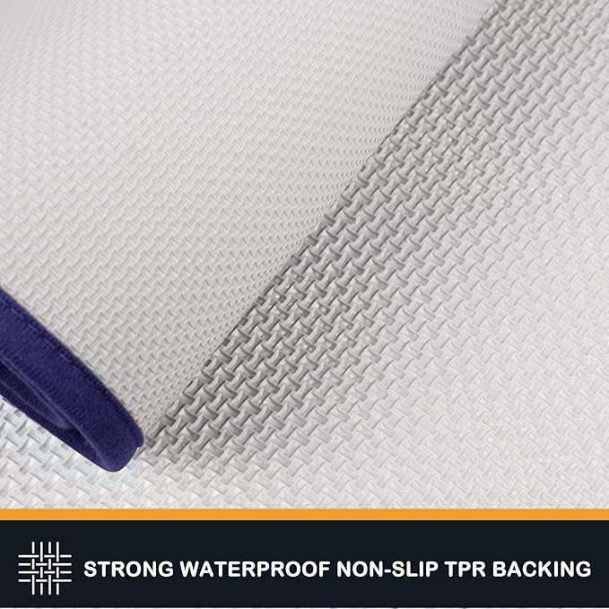 Navy blue runner with non-slip TPR backing and reinforced edge