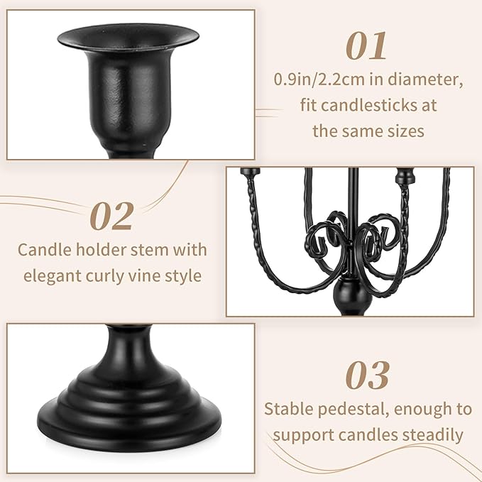 Black metal taper candelabra with curly vine stem and stable pedestal base