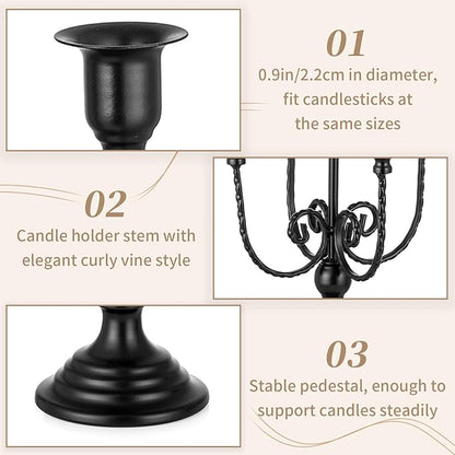 Black metal taper candelabra with curly vine stem and stable pedestal base