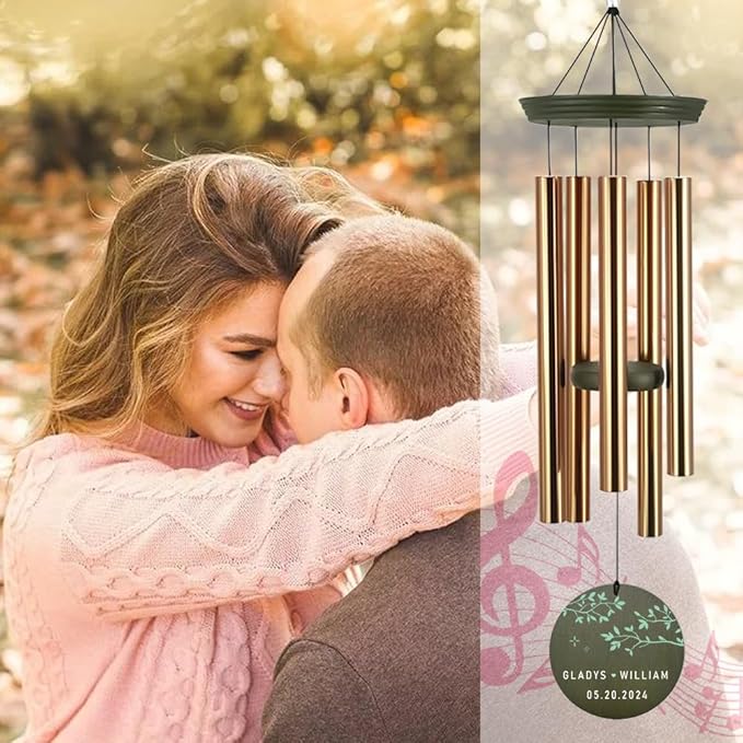 Gold wind chime with dark green round keepsake disc for an anniversary date