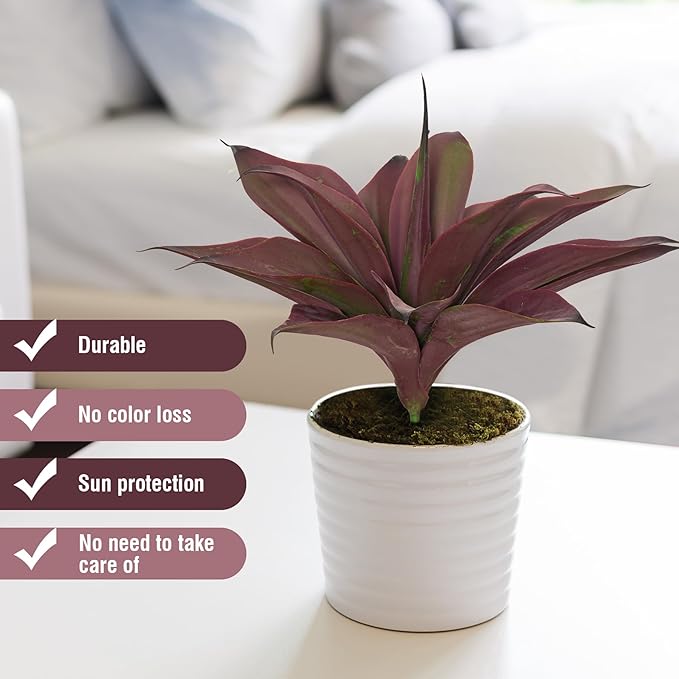 Potted purple-red artificial agave plant in a white pot on an indoor surface.