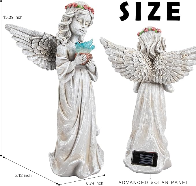 Solar Angel Garden Statue Holding Dove with Glowing Light - Resin Waterproof Outdoor Decor