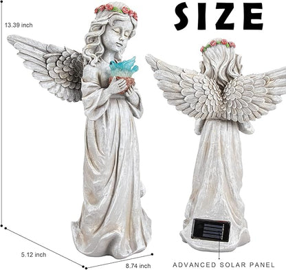 Solar Angel Garden Statue Holding Dove with Glowing Light - Resin Waterproof Outdoor Decor