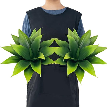 Two green faux agave plants with spiky leaves, artificial leaf clusters