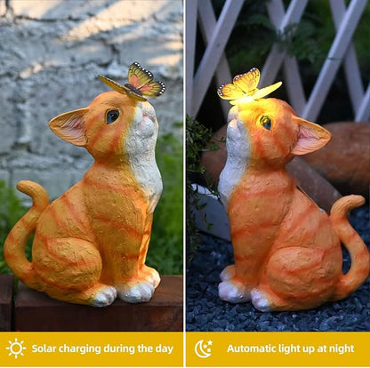 Yellow Cat Solar Garden Statue with LED Light - Waterproof Resin Outdoor Decor