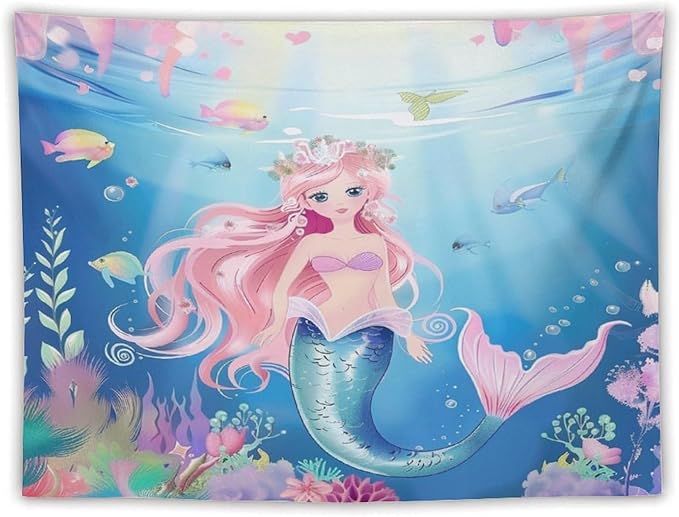 Mermaid Princess Wall Tapestry – 80" x 60" Large Watercolour | Wide Feature Wall Statement | Girls Bedroom Living Room Dorm | Wall Hanging