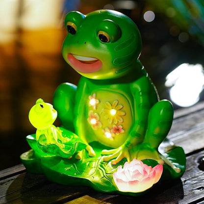 Solar Frog Mother and Baby Garden Statue with 6 LED Lights - Resin Outdoor Family Decor