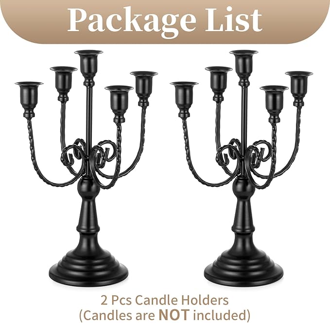 Package view: set of 2 black metal taper candelabra candle holders, candles not included